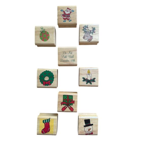Set of 9 Wood Rubber Stamps Christmas Holiday Arts Crafts Santa Rudolph Gift - Picture 1 of 2